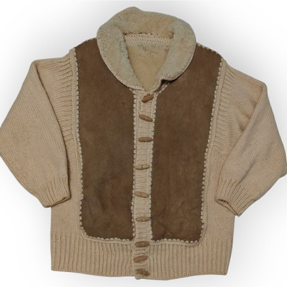 Handmade Wool Sheep Leather Fur Cream Brown Knitted Jacket Shawl Collar size M